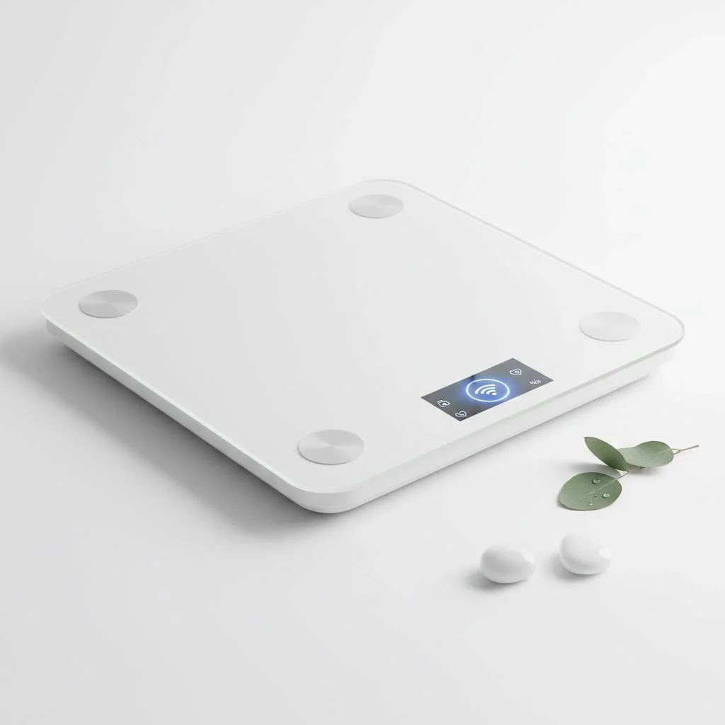 Person stepping onto a smart scale to measure body weight and composition