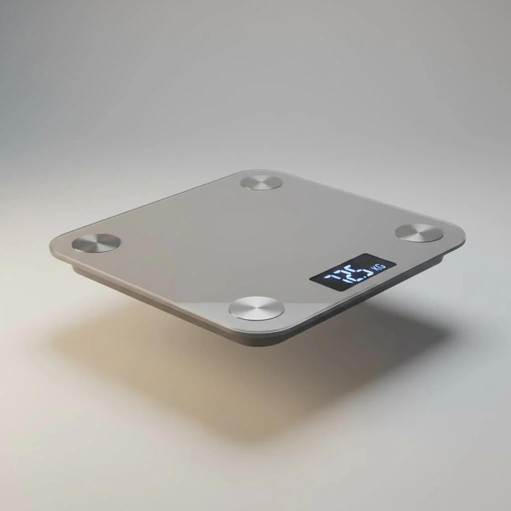 Person standing on a smart scale, viewing data on a smartphone