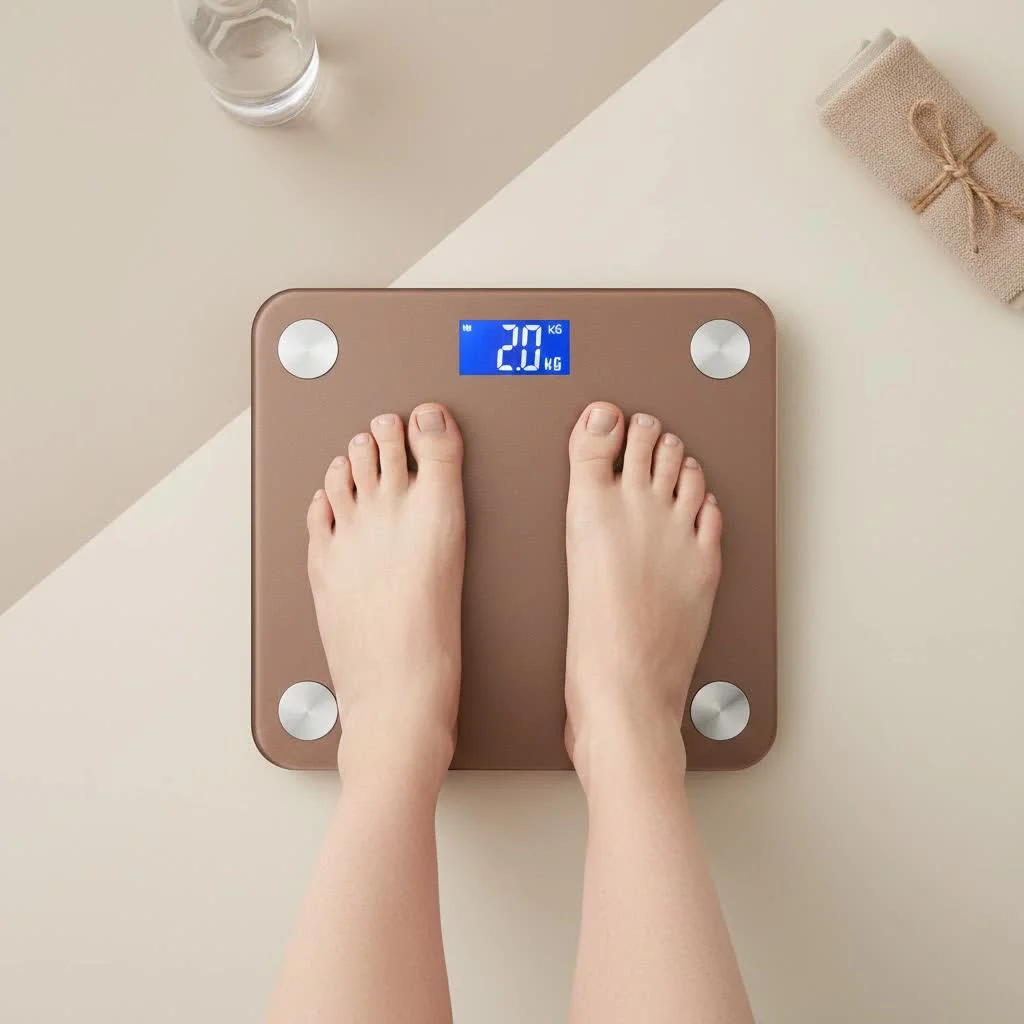 Person standing on a smart scale, viewing health data on a smartphone app.