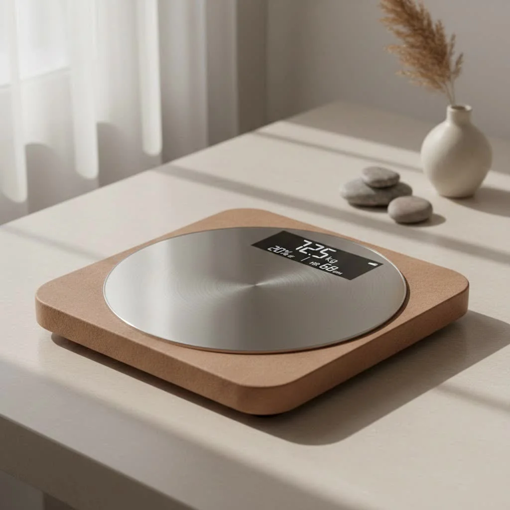 Person standing on a Renpho smart scale connected to the app