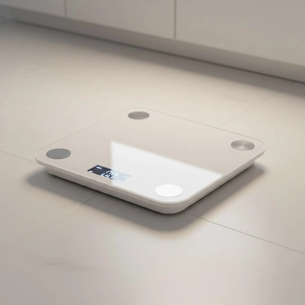Person stepping on a smart scale for health tracking