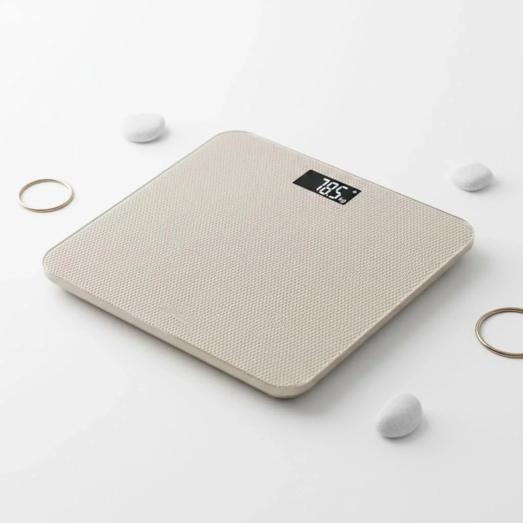 Person stepping on a smart scale that works with Apple Health