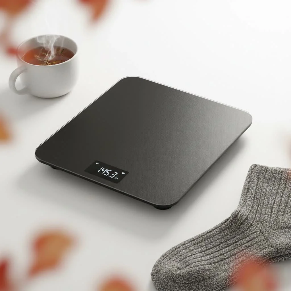 Weight Gurus Bluetooth Smart Scale on a clean bathroom floor