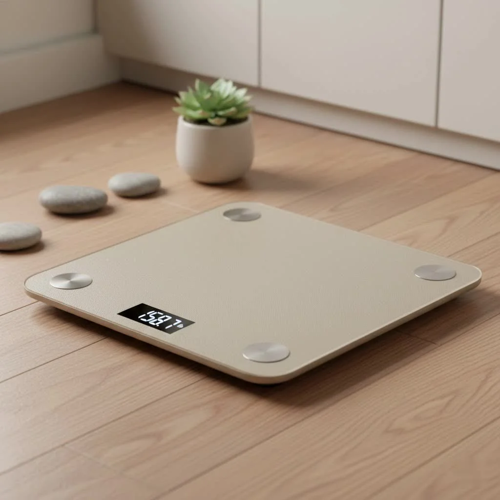 Smart nutrition scale displaying food weight and nutritional data on a smartphone app