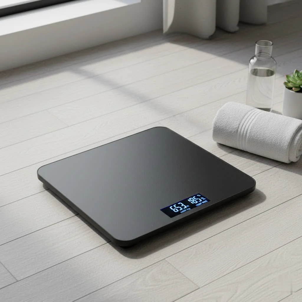 Person stepping onto a smart bathroom scale for health tracking