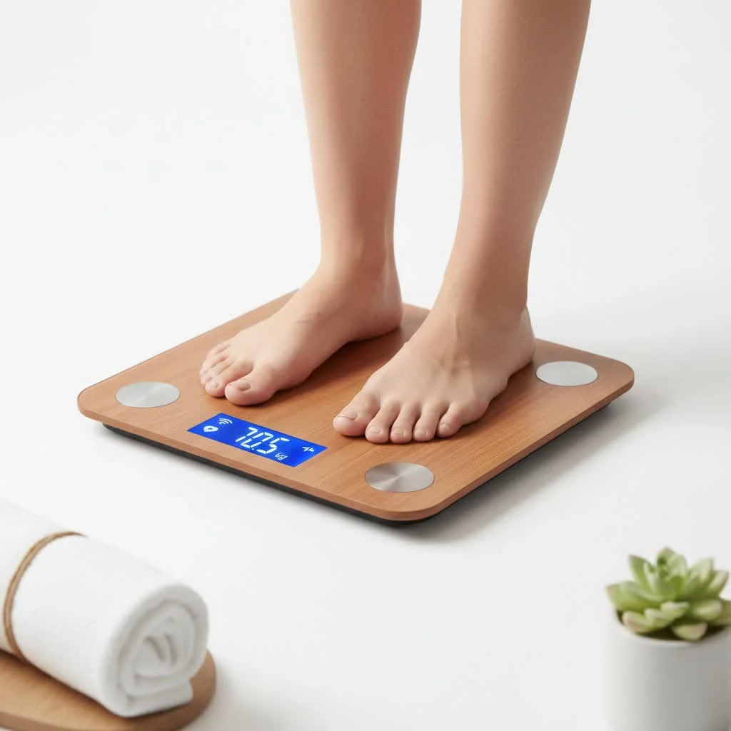 Person stepping on a smart scale to measure health metrics