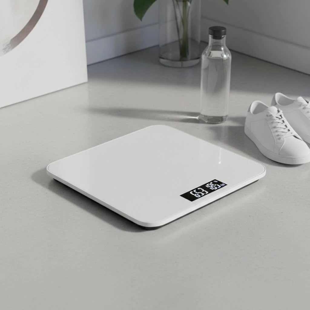 Person stepping on a GE Smart Scale to track health metrics