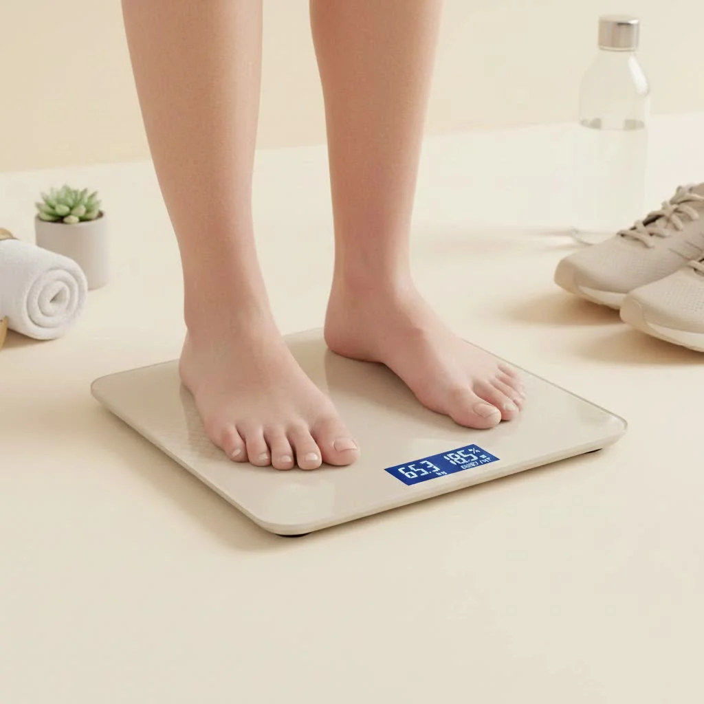 Smart kitchen scale displaying food weight and nutritional data