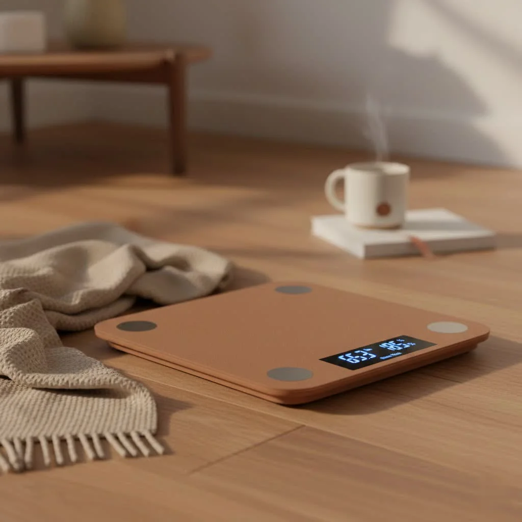 Person stepping on a smart scale to track health metrics