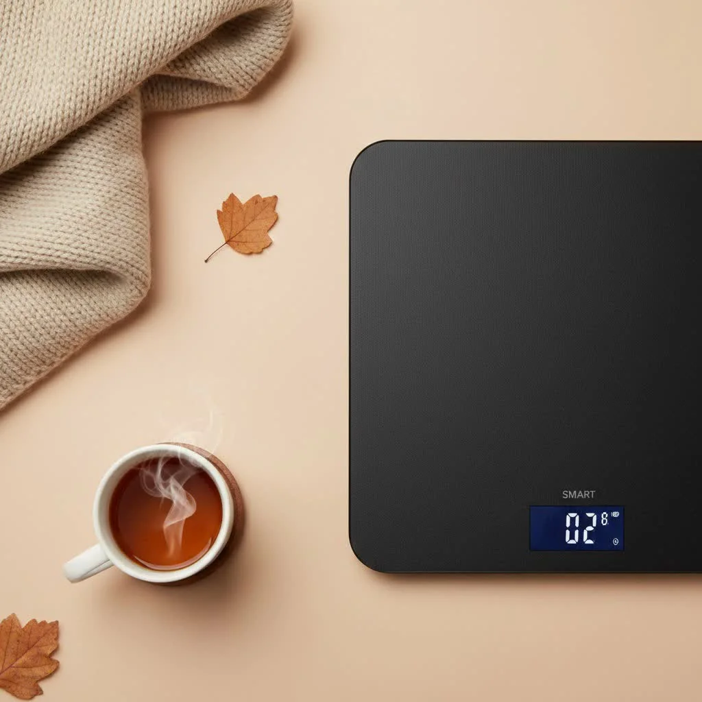 Person weighing themselves on a smart scale connected to an iPhone