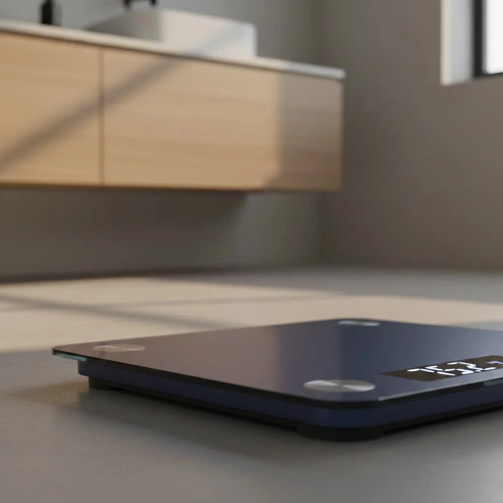 Person standing on a smart scale connected to an Apple iPhone