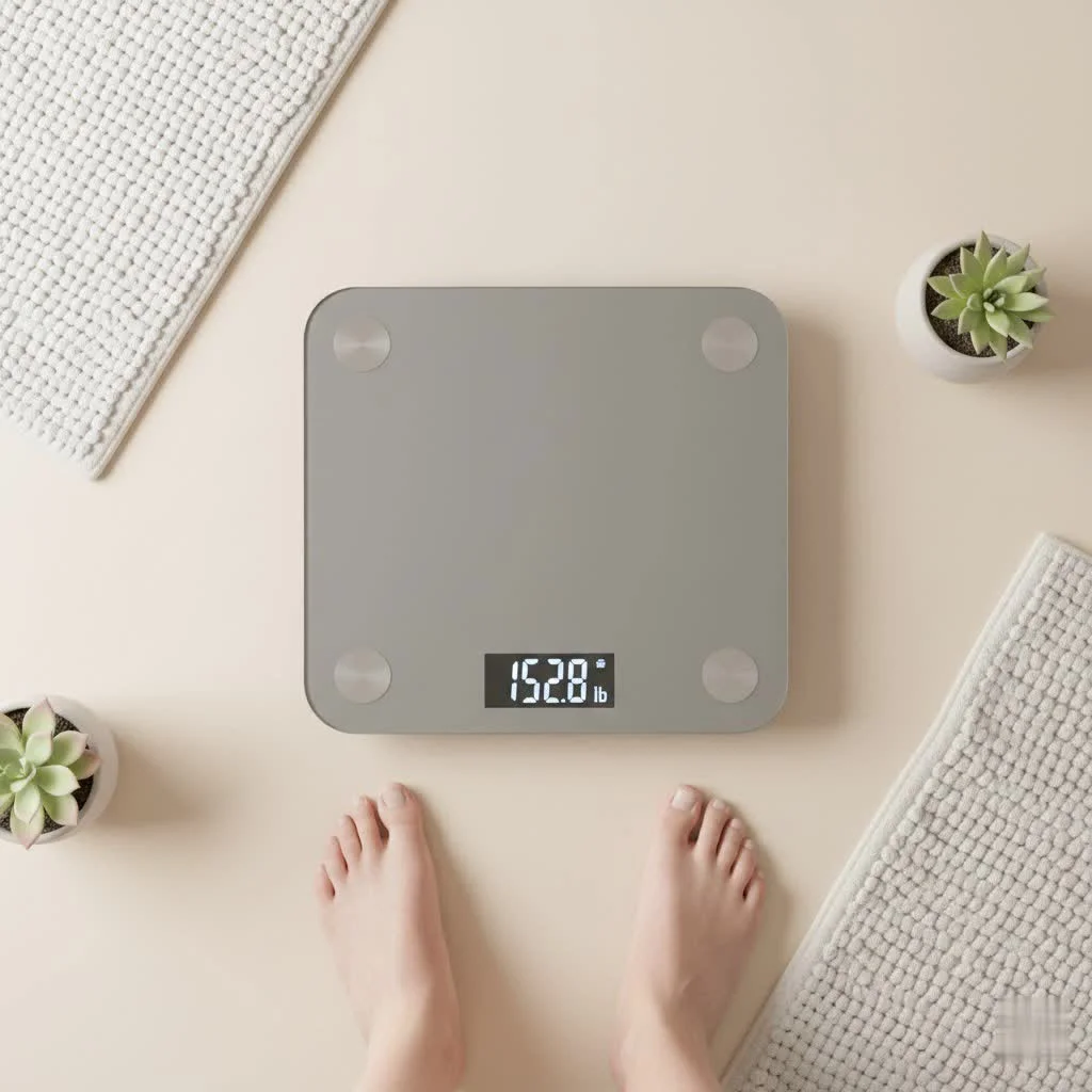 Etekcity smart body weight scale on a bathroom floor