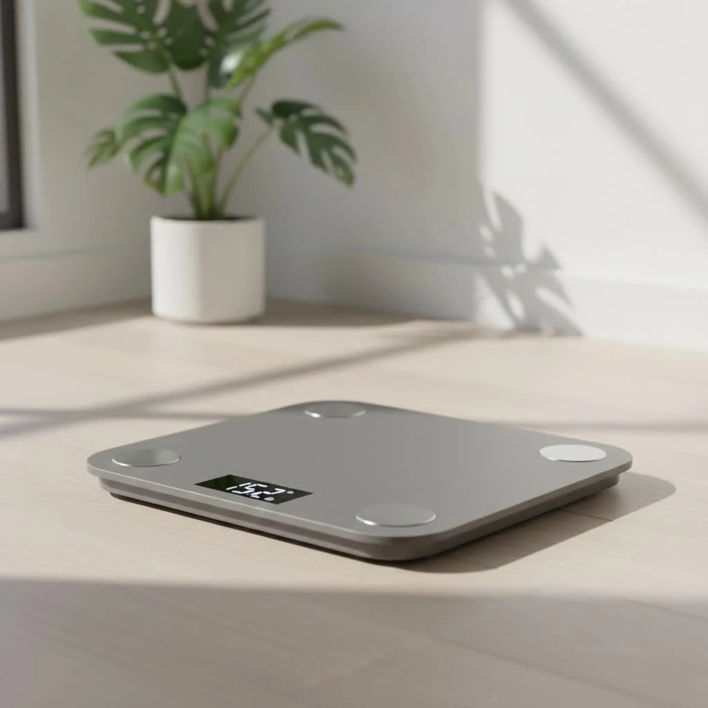 Person stepping on a smart scale to measure body fat