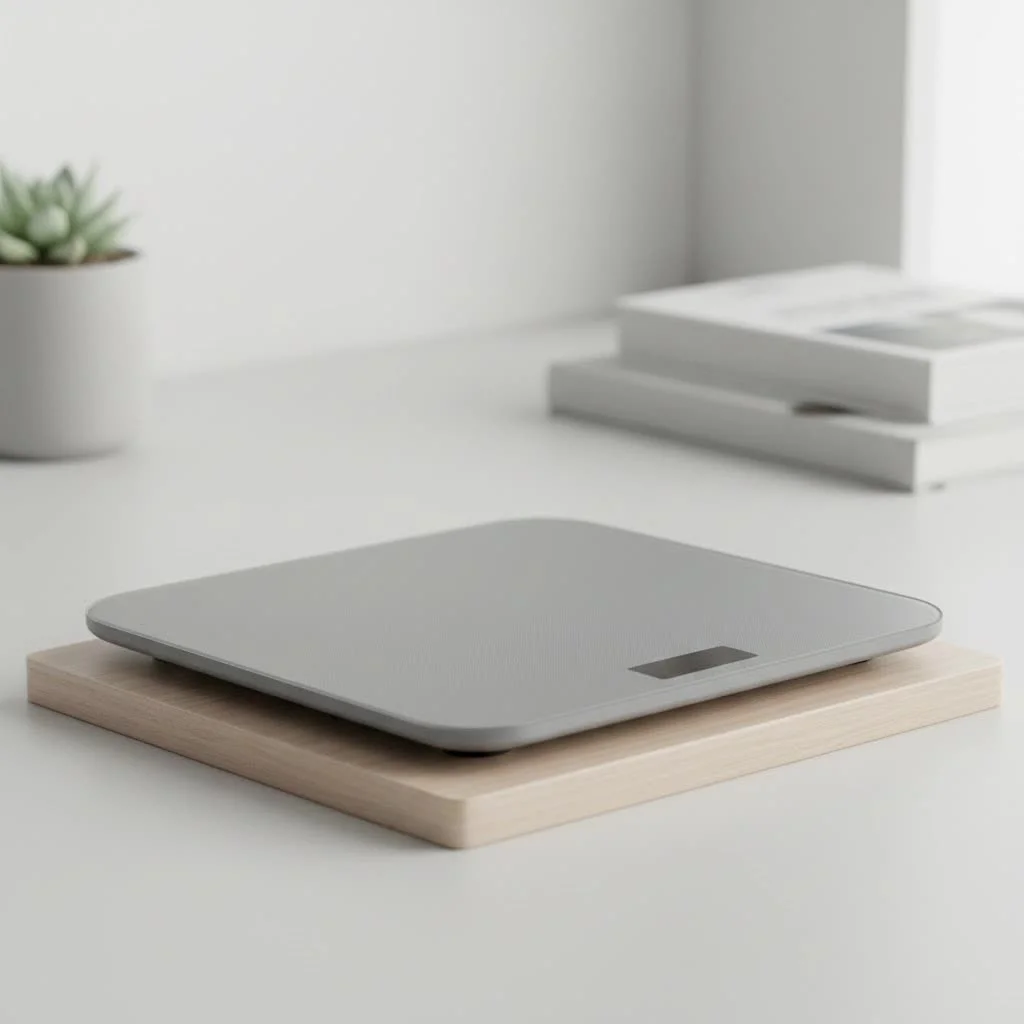 Person standing on a Wi-Fi smart scale, viewing data on a smartphone
