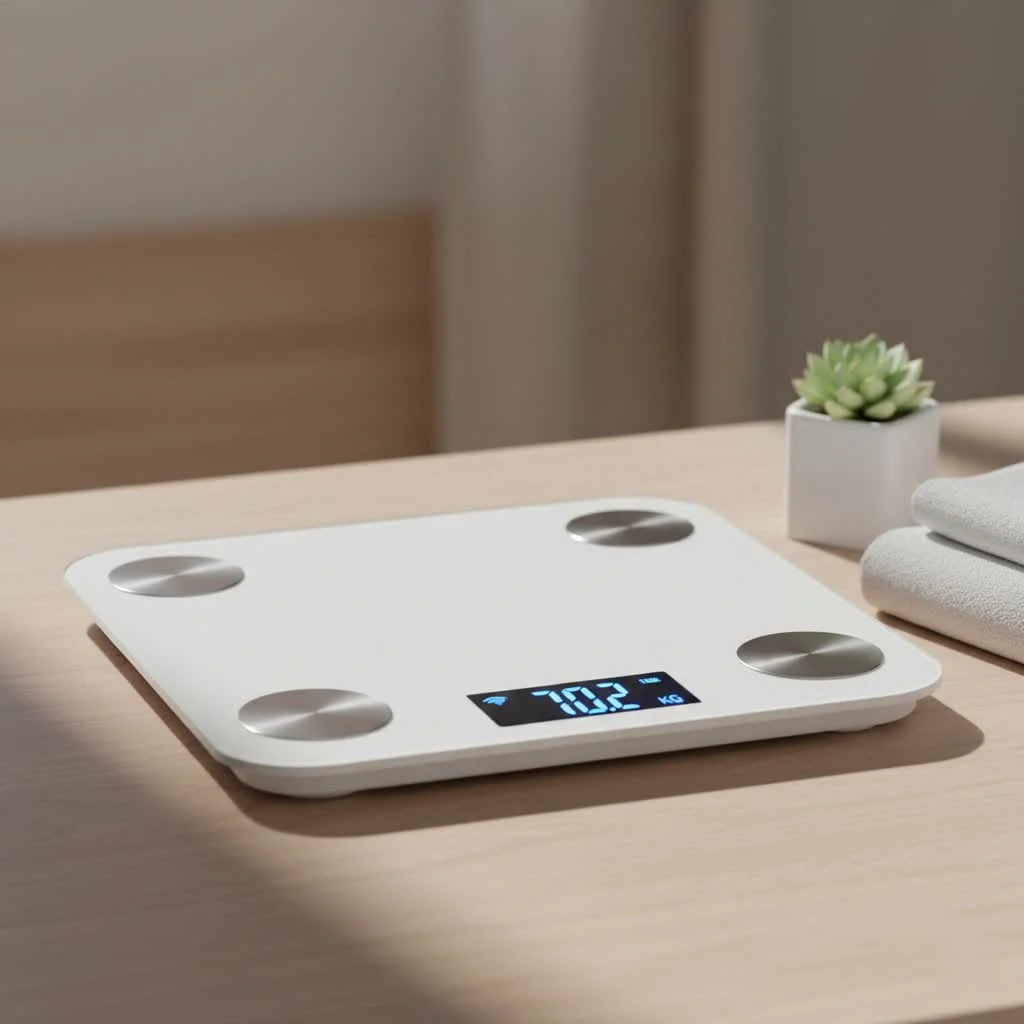 Person standing on a smart scale connected to a smartphone