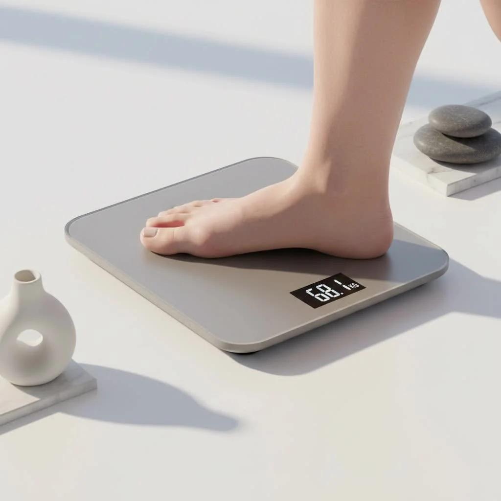 Person stepping onto a Withings smart scale for a health measurement