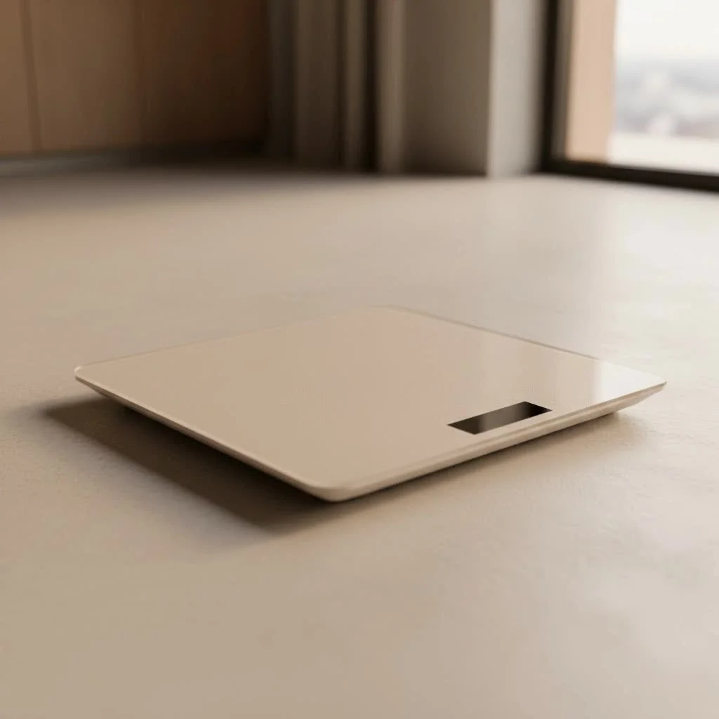 Person stepping on a Fitbit smart scale to track health metrics