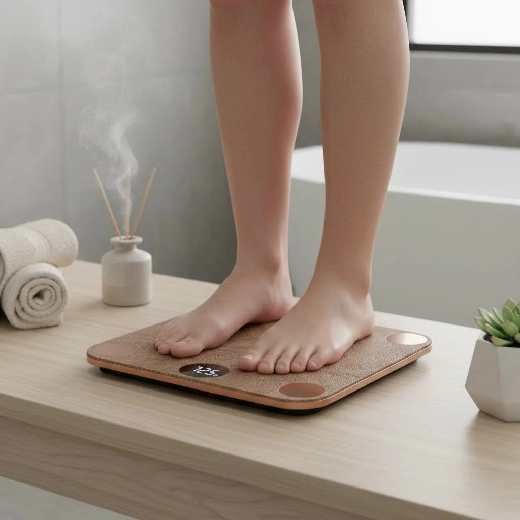 Person stepping onto a smart scale to measure body composition