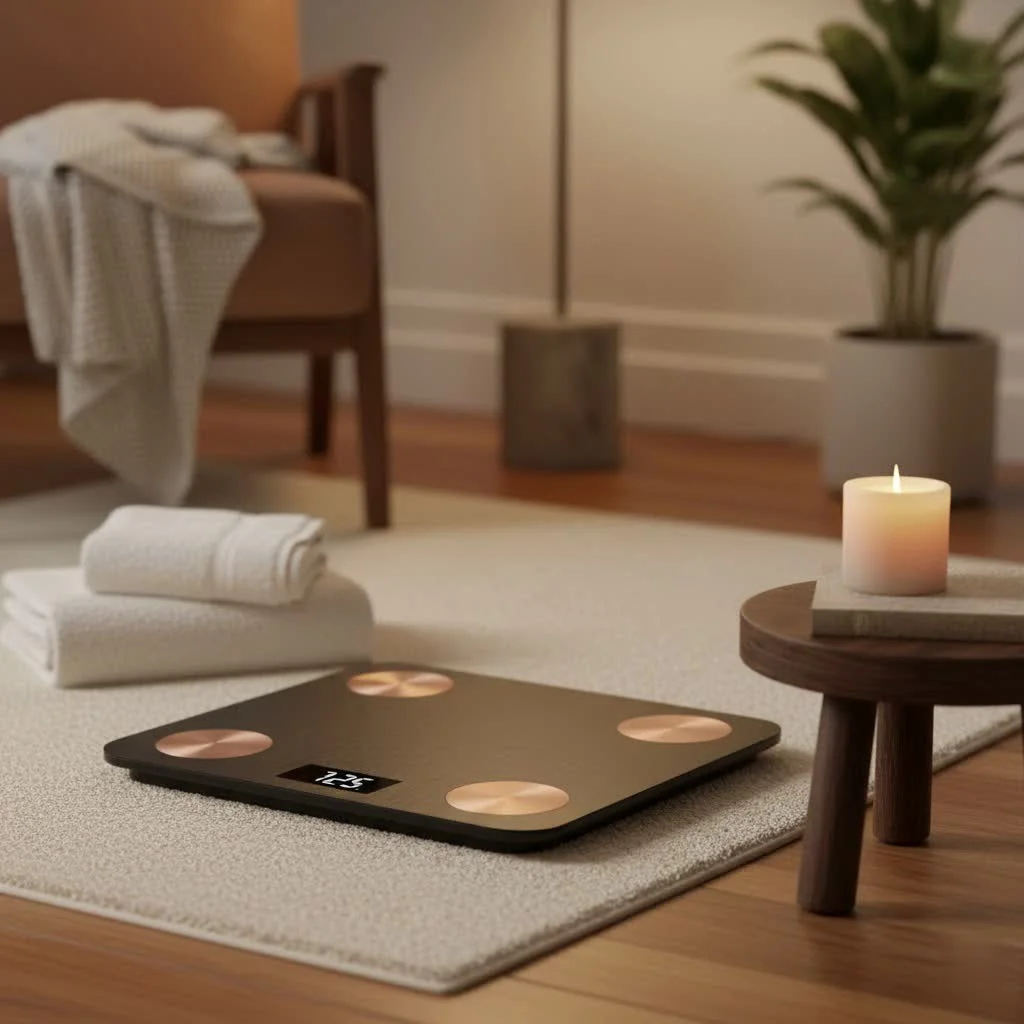 Person standing on a smart scale, looking at their phone connected to Apple Health